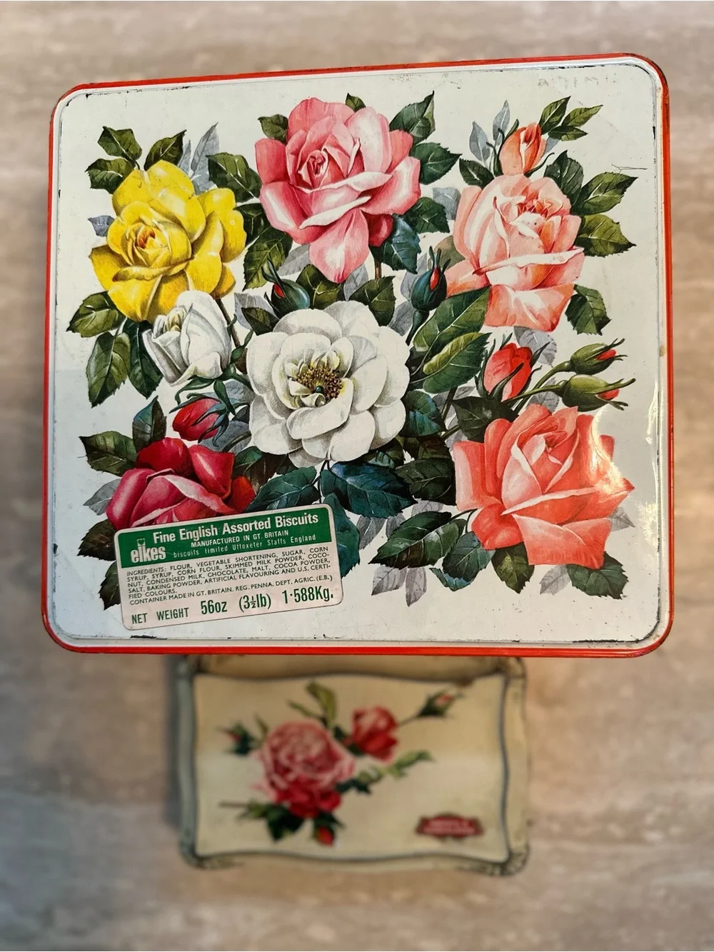 Vintage Floral Chocolate Tins  Set of 2 - Rose Motif, White & Red